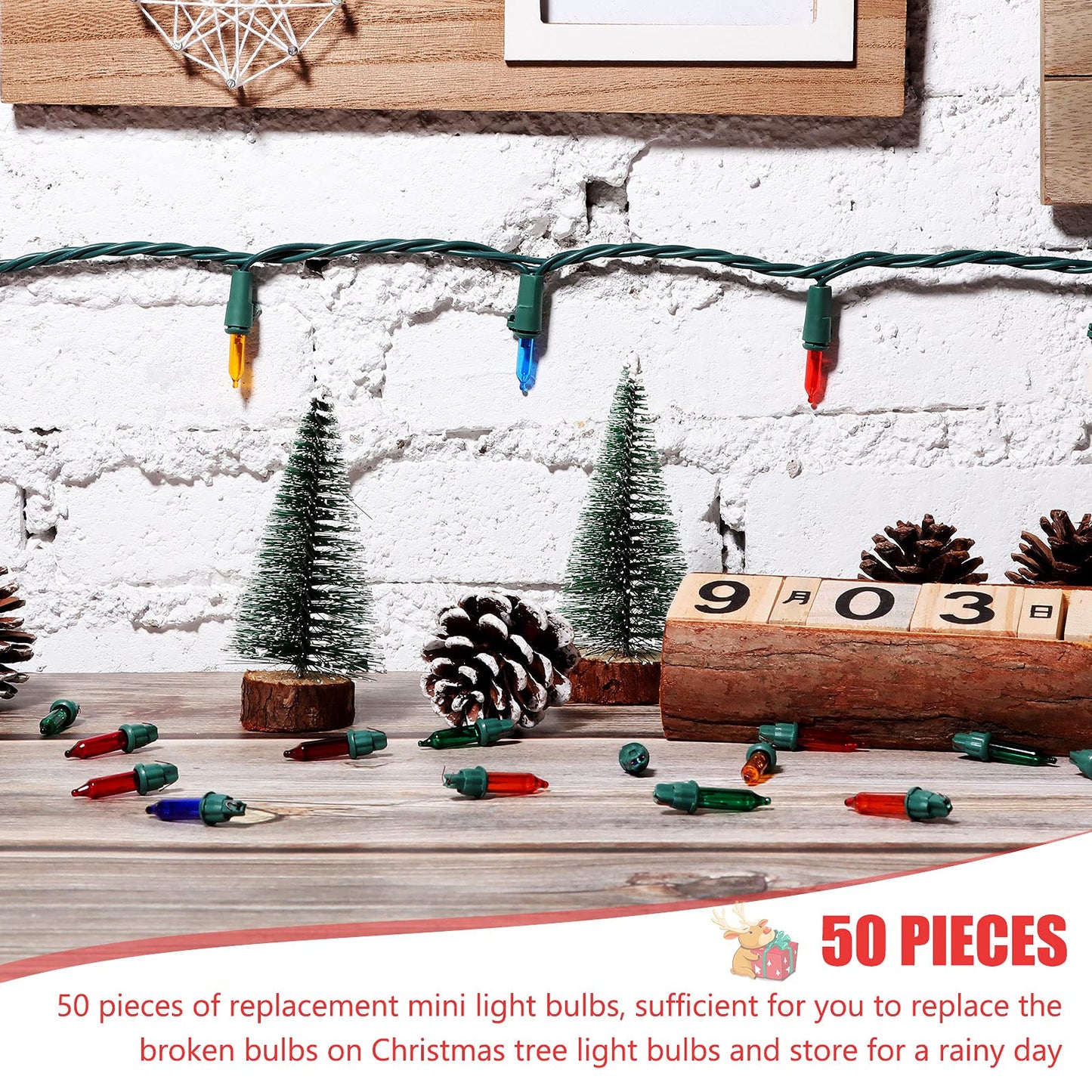 Mudder Christmas Mini Light Bulbs, Incandescent Glass, 50 Count, Red/Orange/Green/Blue/Yellow, 2.5V, 0.17A, Green Base