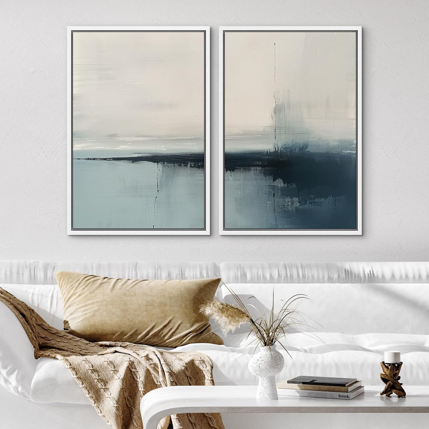 SIGNWIN Framed Canvas Print Wall Art Modern Blue Ocean-Inspired Coastal Abstract Serene Neutral Tones with Subtle Patterns Illustrations Decorative for Living Room, Bedroom, Office - 16"x24"x2 White