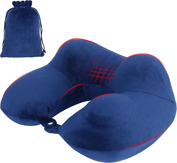 Inflatable Travel Neck Pillows for Airplanes, Long Flight Must Haves for Sleeping to Avoid Neck and Shoulder Pain, Comfortably Support Head and Neck for Flight, Car, Bus and Office (Blue)