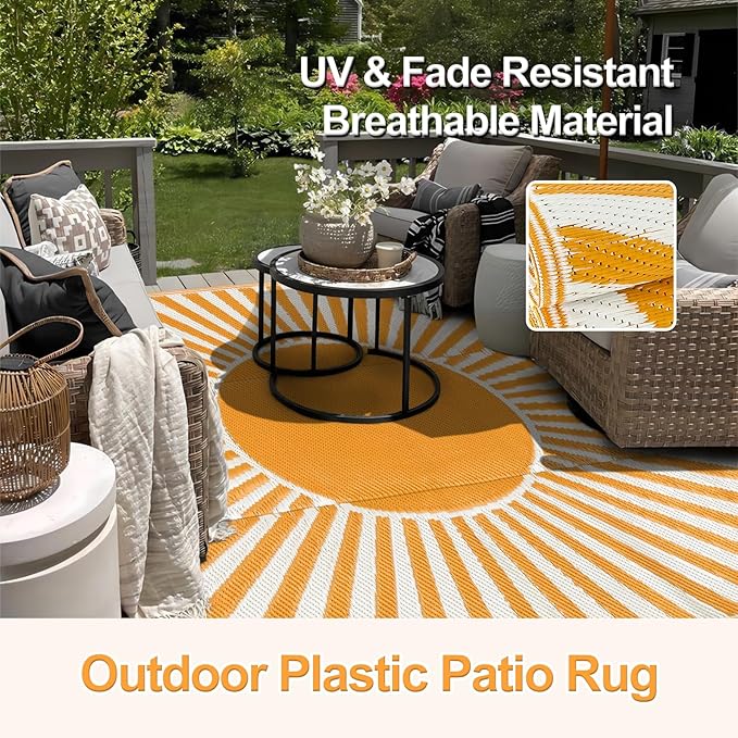 Wonnitar 9x12 Waterproof Outdoor Rug - Outdoor Plastic Straw Rug for Patio Clearance, Outside Extra Large RV Camping Carpet, Portable Deck Mat for Garden Balcony Beach (Orange, 9'x12')