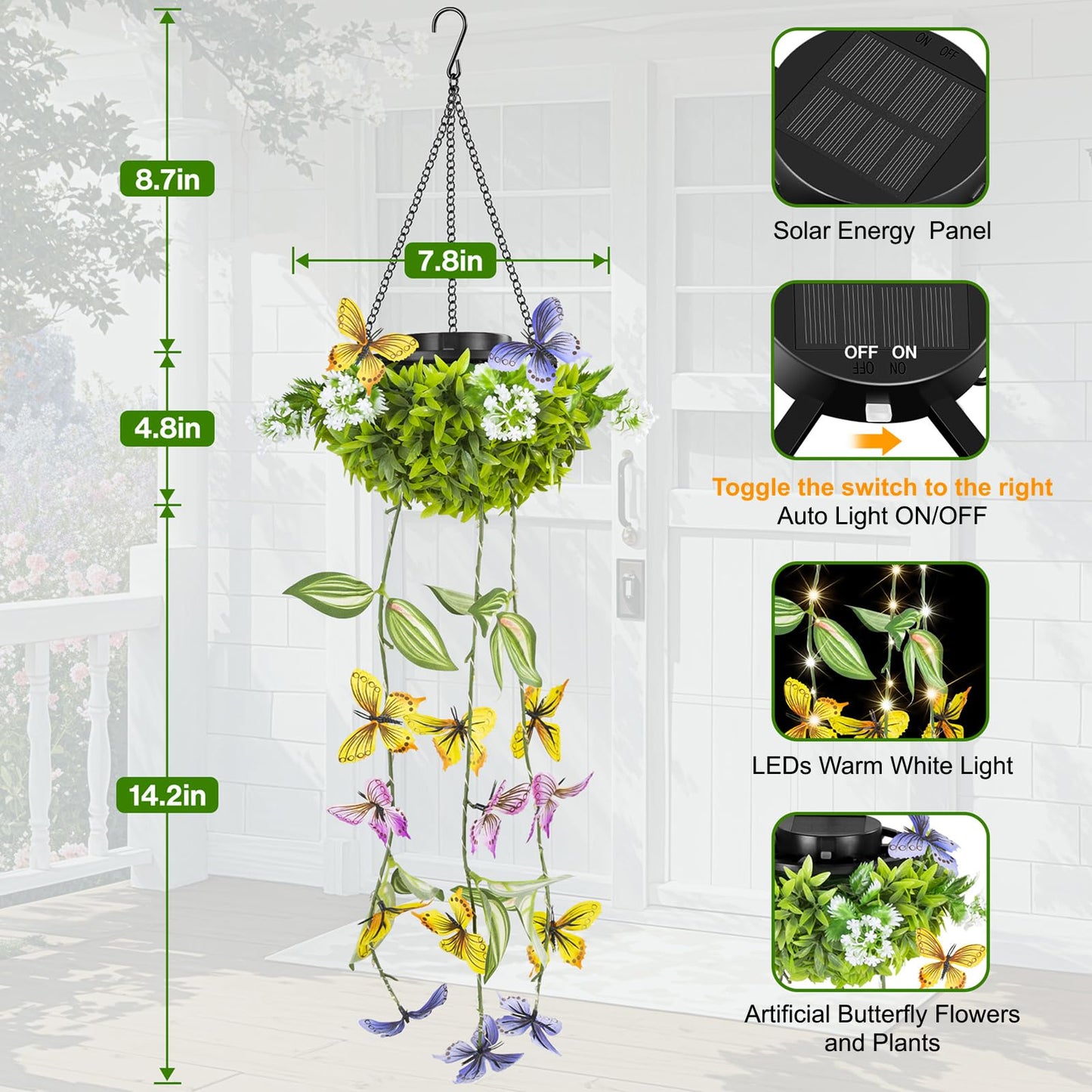 Solar Hanging Garden Lights - 2 Pack  Artificial Butterfly & Flower Led Fairy String Lights  Ip65 Waterproof Outdoor Festive Decor For Patio  Porch  Garden  Yard  Warm Gift For Mom  Family & Friends