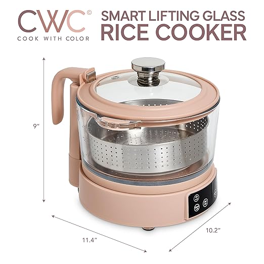 COOK WITH COLOR 3L Glass Mini Low Carb Rice Cooker – Holds 2 Cups Raw/Makes 6 Cups Cooked with Auto Lift Filter Basket, Hotpot & Steamer for Rice, Grains, Digital Panel with Keep Warm, Dusty Rose
