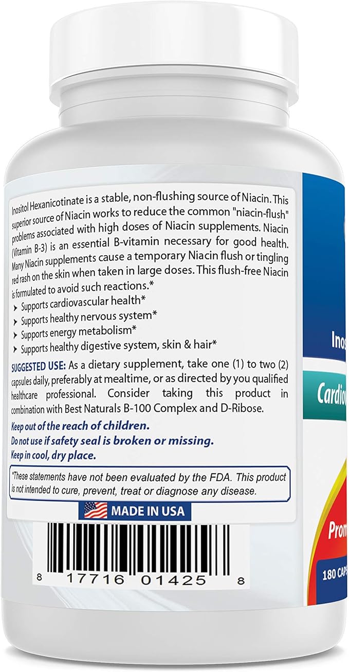 Best Naturals Flush-Free Niacin Inositol Hexanicotinate 500 mg 180 Capsules