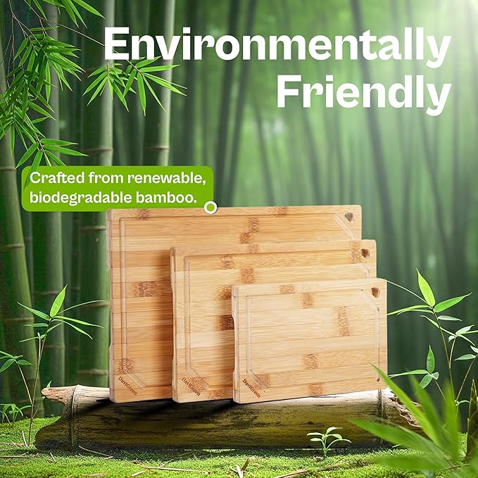 Bamboo Cutting Board Set – 3-Piece Natural Bamboo Boards with Deep Juice Groove & Hanging Hole, 0.6-Inch Thick, Warp-Resistant, Food-Contact Safe