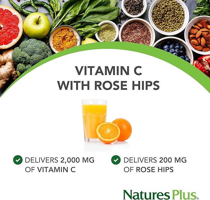 NaturesPlus Ultra-C 2000 mg - 60 Tablets - Vitamin C with Rose Hips - Immune & Antioxidant Support - Vegetarian, Gluten Free - 60 Servings