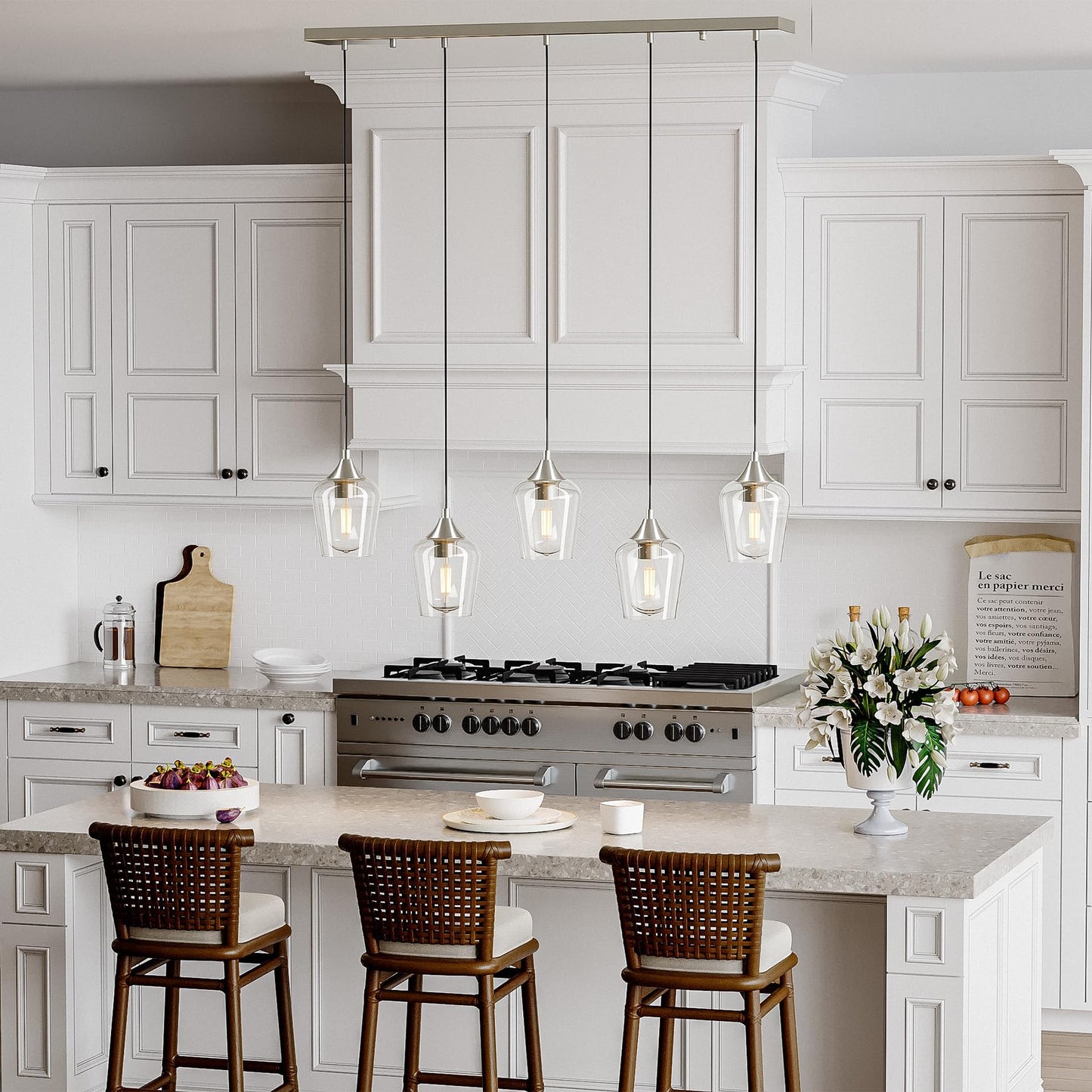 Vonluce 5-Light Pendant Light Kitchen Island  Pendant Light Fixture With 10-55 Height  Modern Pendant Lighting With Wine Glass Shades For Living Room Hallway  Brushed Nickel  Etl Certificated