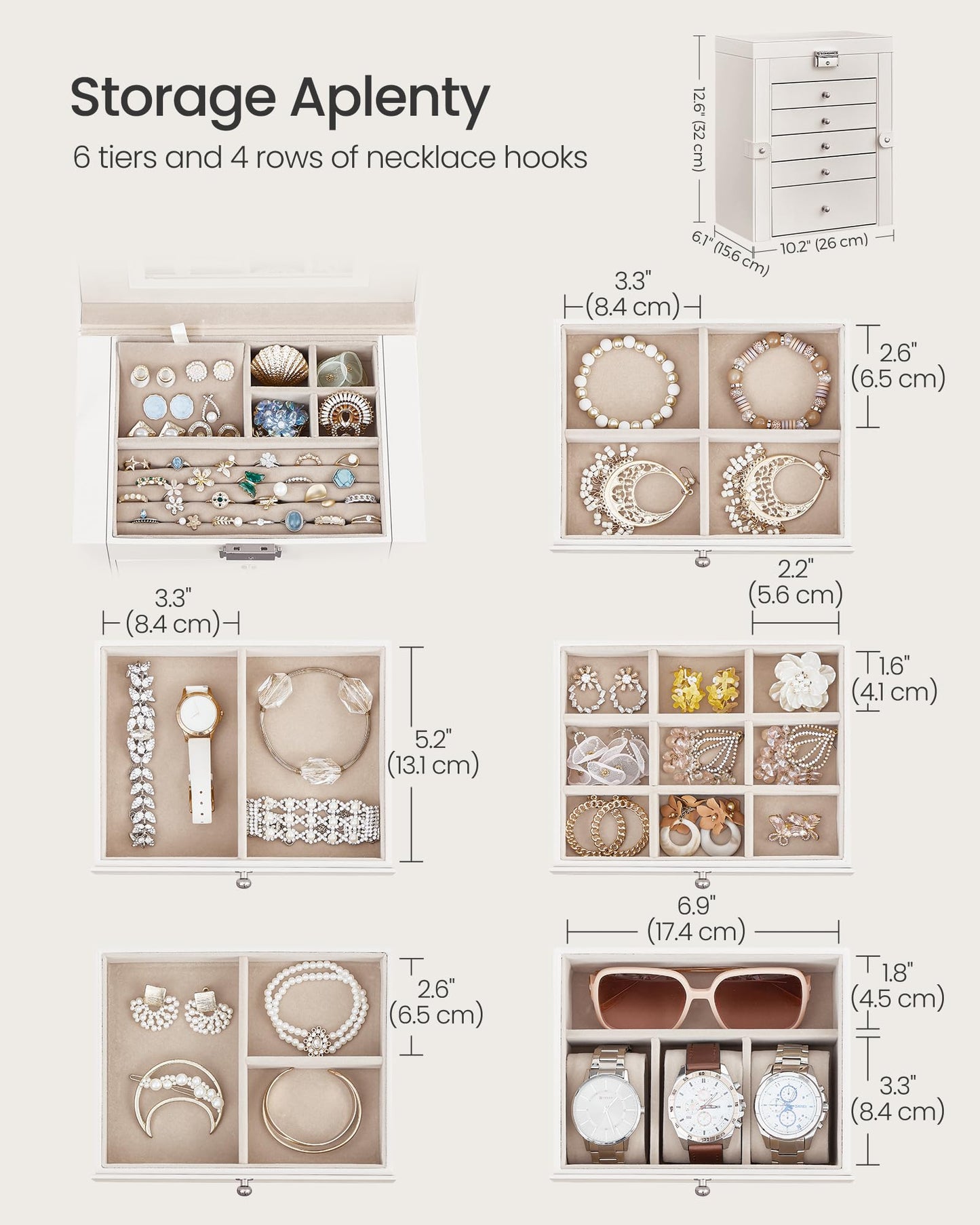 SONGMICS 6 Tier Jewelry Box, Jewelry Storage Organizer with 5 Drawers, Large Storage Capacity, with Mirror, Lockable, Jewelry Ca