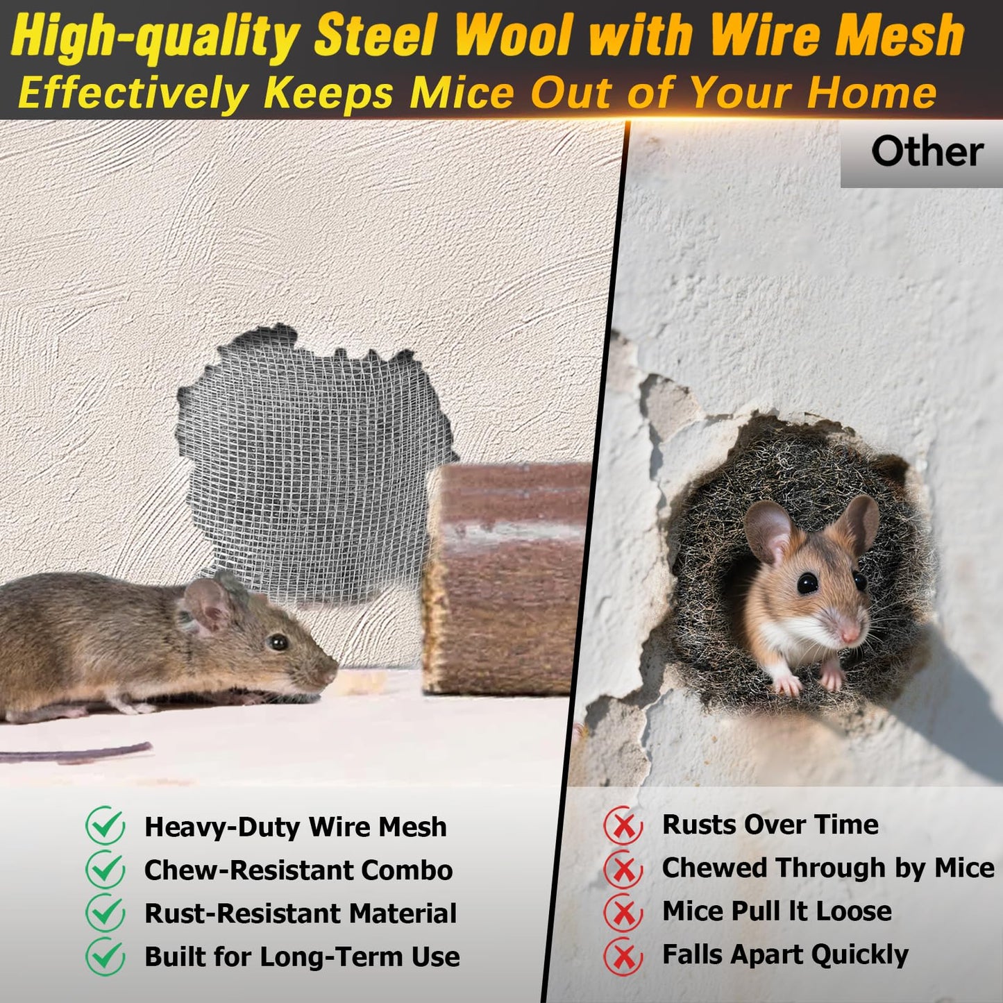 Wizcave Steel Wool Mice Control - 3 Pack Steel Wool 0000 & 1 Pack Wire Mesh with Wooden Stick & Gloves & Scissors, Mouse Hole Filler for House & Garden, Fine SteelWool for Polishing Chrome, Glass
