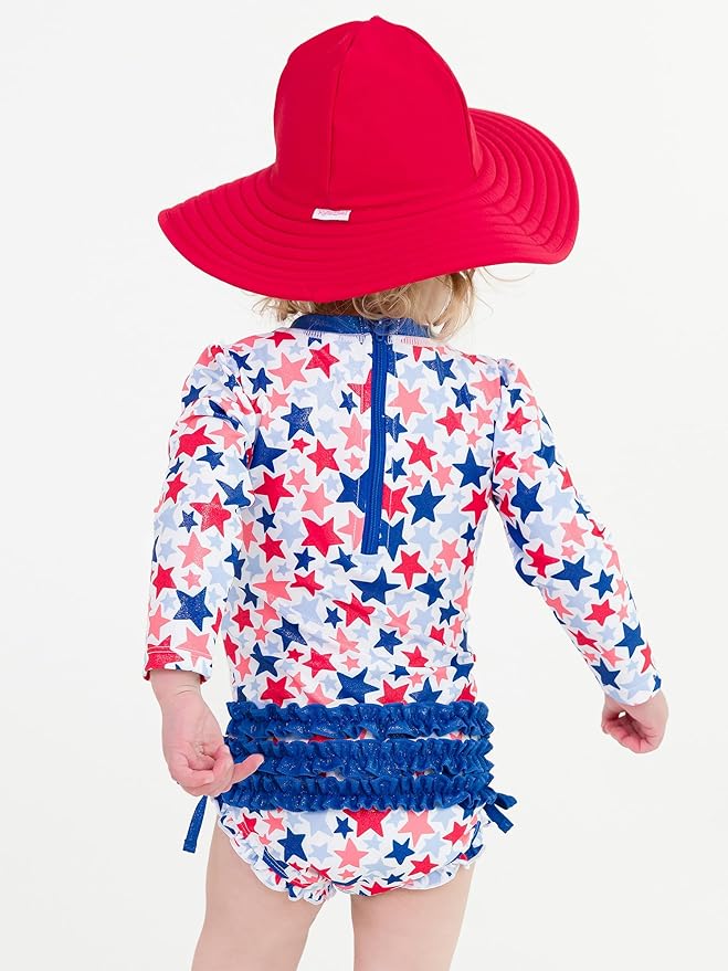 RuffleButts Baby Girls UPF 50+ Sun Protection Novelty Print Long Sleeve One Piece Rash Guard Swimsuit with Zipper