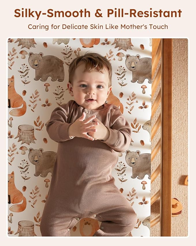 Baby Crib Sheets for Boys Girls, 28x52x8in Fitted Crib Sheet Neutral 3 Pack for Standard Crib and Toddler Mattress, Breathable Soft Microfiber Baby Sheet Green & Brown Fox