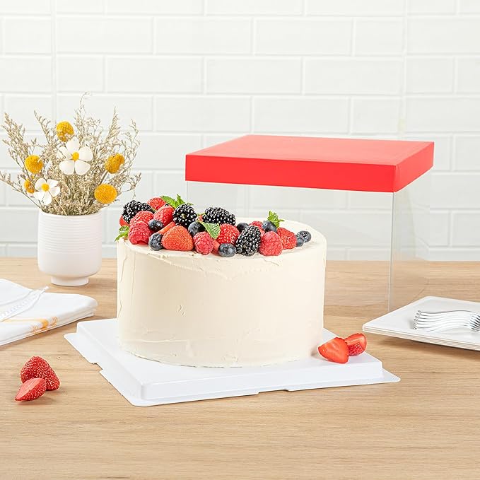 Restaurantware Sweet Vision 8.5 Inch x 6.75 Inch Transparent Cake Boxes 10 Grease Resistant Base Clear Cake Boxes - Red Lid Red Ribbon Plastic Birthday Cake Boxes For Weddings Or Birthdays