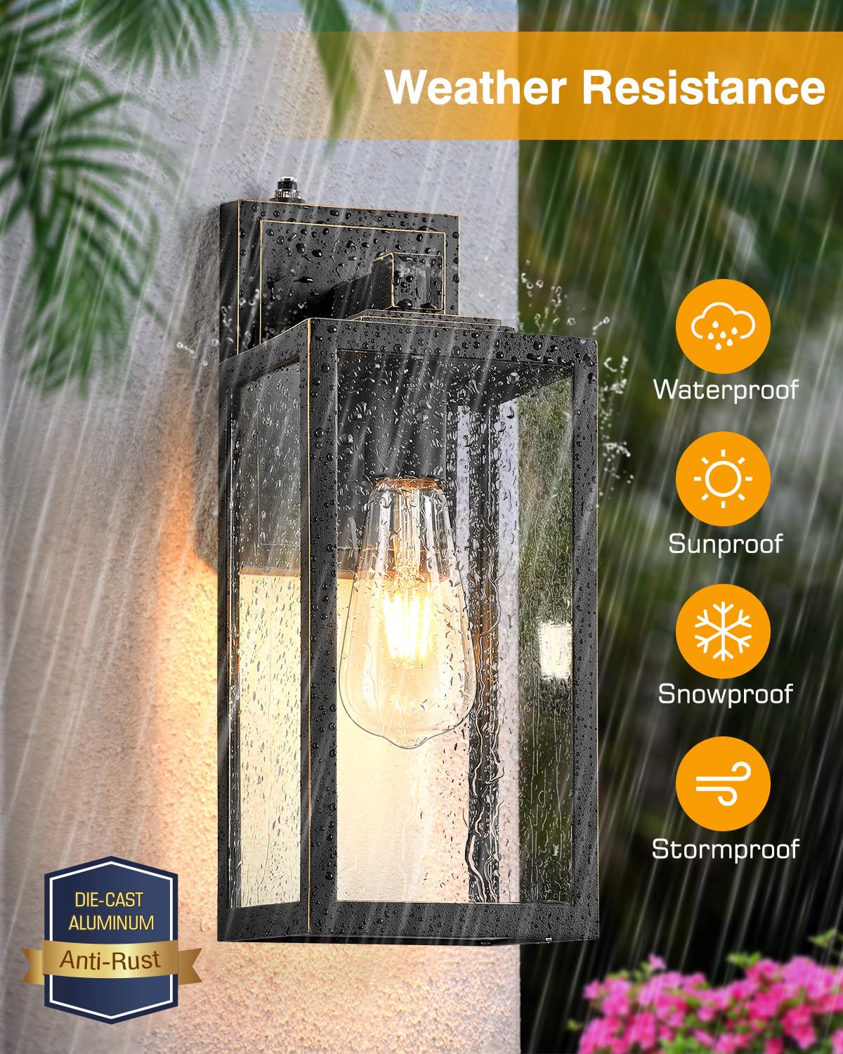 VIANIS Dusk to Dawn Outdoor Wall Light, Aluminum, Black with Gold Trim, Large, Model V8138