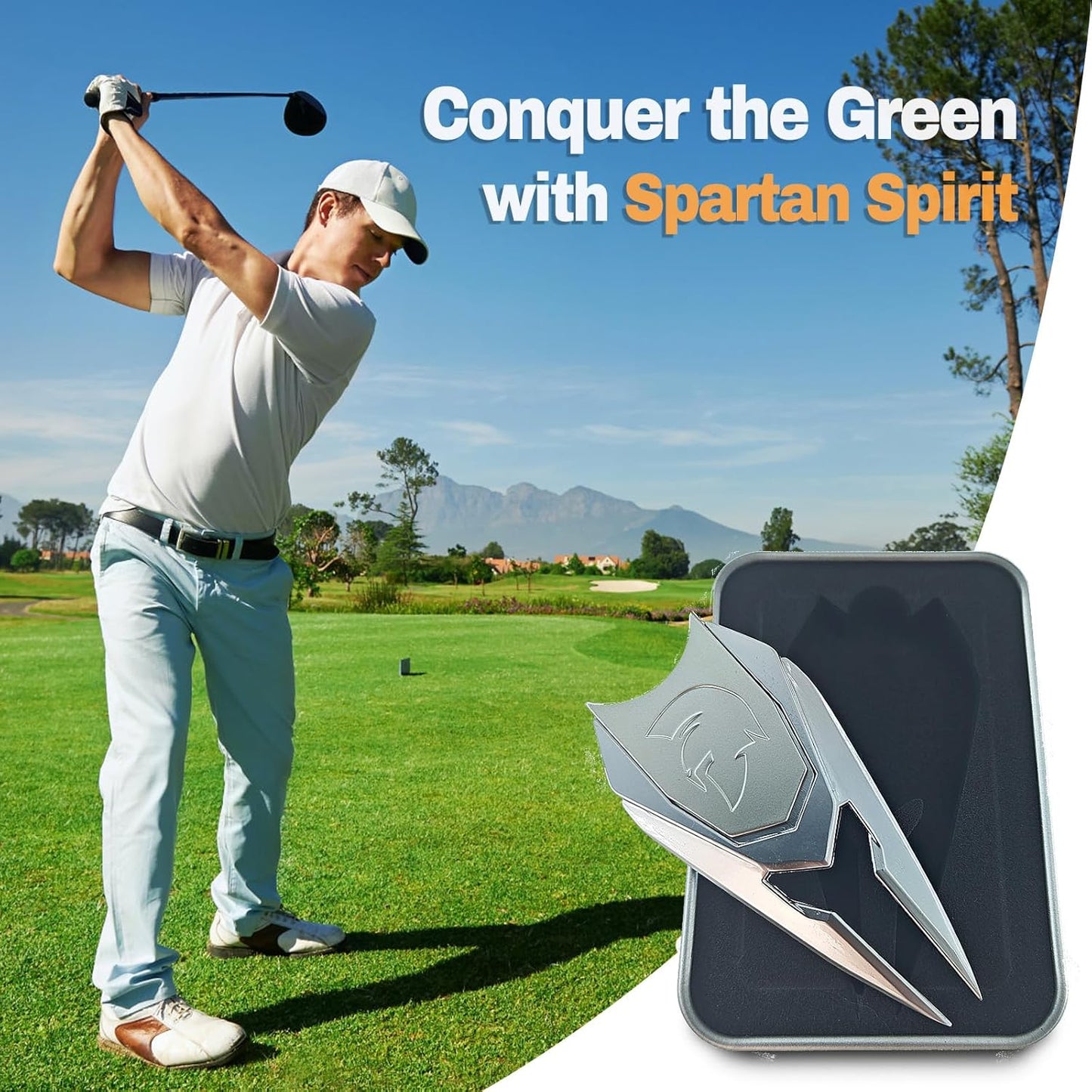 Spartan Helmet Golf Divot Tool with Magnetic Ball Marker & Belt Clip, Solid Metal Golf Accessory, Unique Design Gift for Golfers