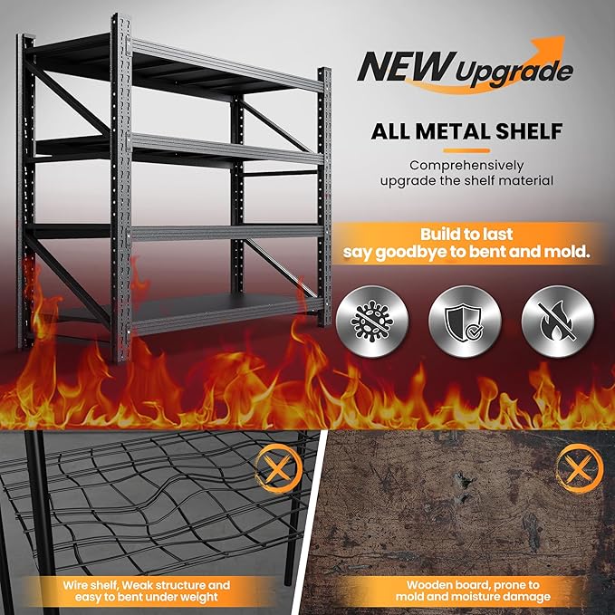 3000LBS Metal Storage Shelves, 48” W Heavy Duty Garage Shelving Units, 4 Tier Storage rack shelf, Steel Industrial Shelving , Adjustable Standing Shelf for Basement/Warehouse 48"W x 24"D x 70"H, Black