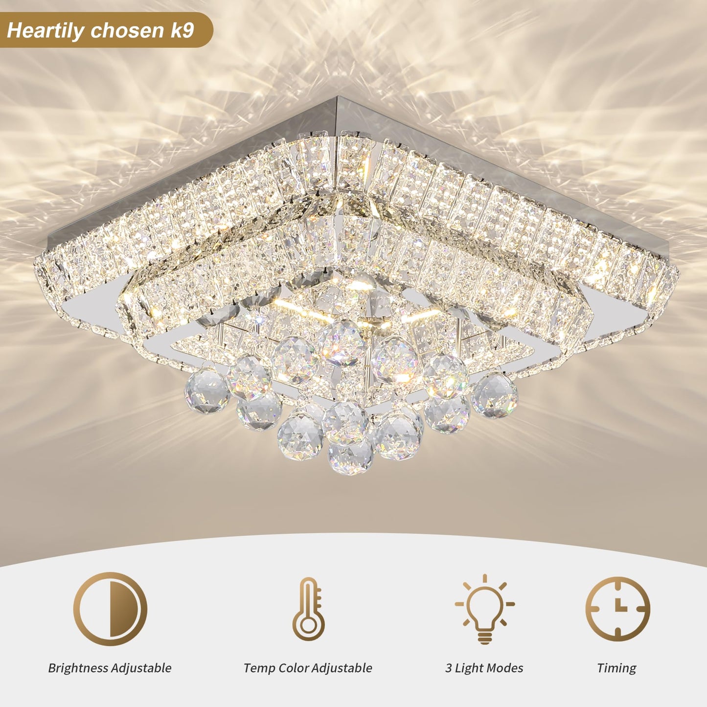 REDSTAR 18in Crystal Ceiling Light Flush Mount, Remote Control, 3 Color Temp, K9 Crystal, Stainless Steel, Silver, Model A228-18in-1