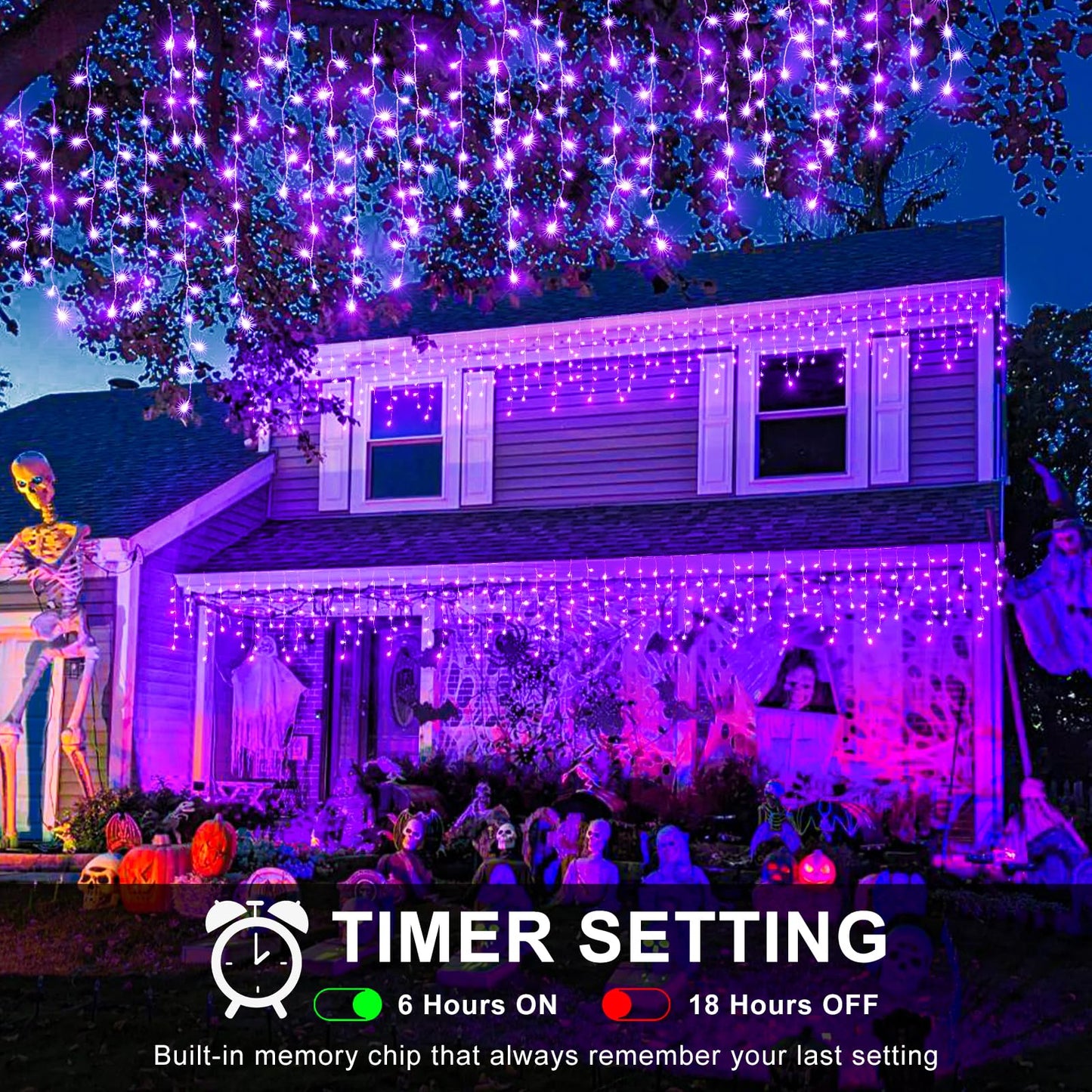 XmasBokeh 640 LED Icicle Lights, 66FT Outdoor String Curtain Light, 8 Modes, Waterproof, Purple, Model BG-CL3M3-306L01