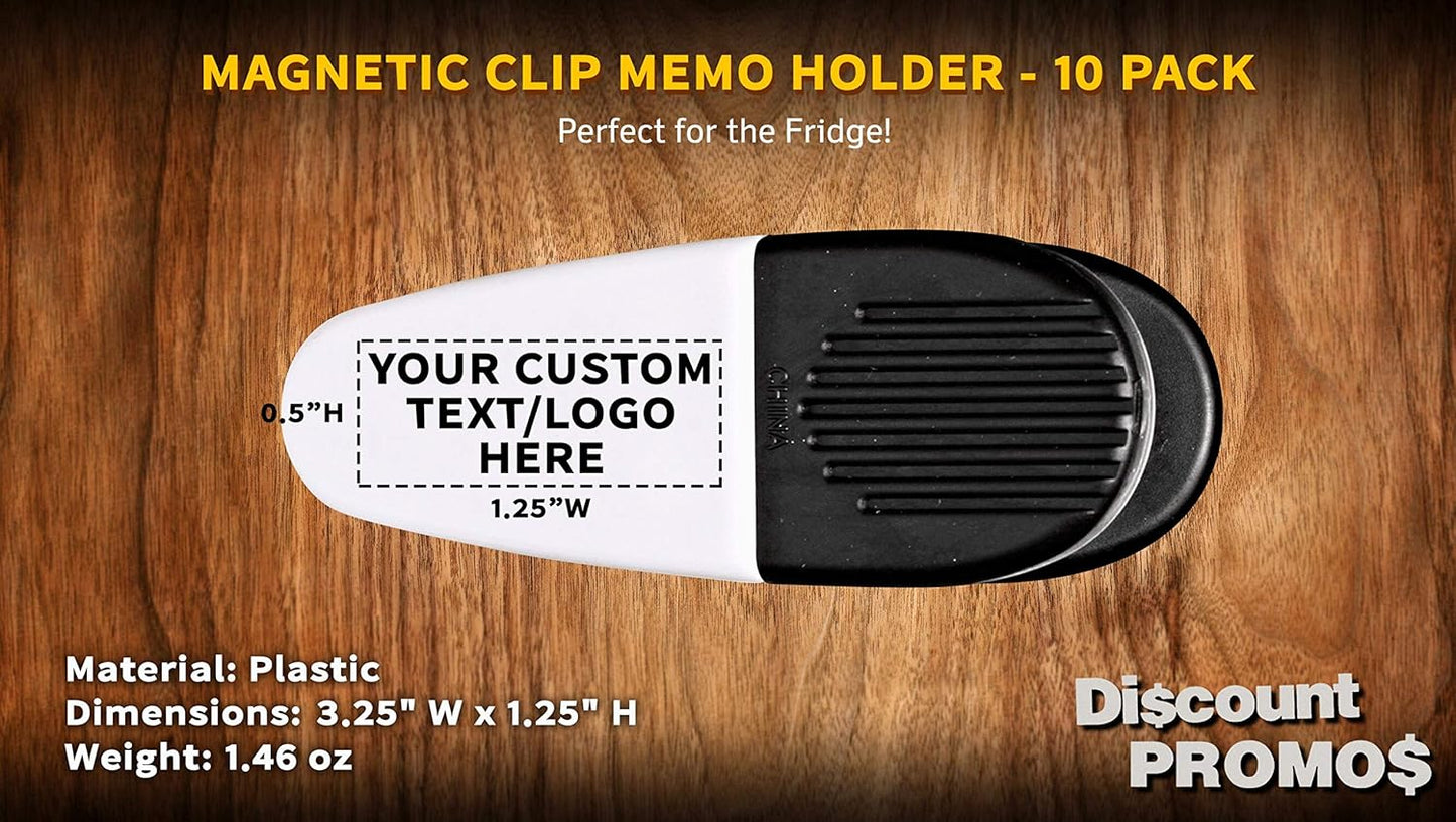 10 Magnetic Memo Holders Set - Customizable Text, Logo - Large Clip, Plastic - White Black