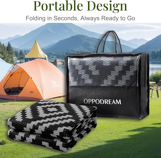 OPPODREAM Outdoor Rug 6x9 Ft, Waterproof Outdoor Plastic Straw Rug for Patio, Reversible Out Door Carpet for Camping, Deck, Rv, 6 x 9 Area Carpet for Balcony, Porch, Backyard, Black and Beige