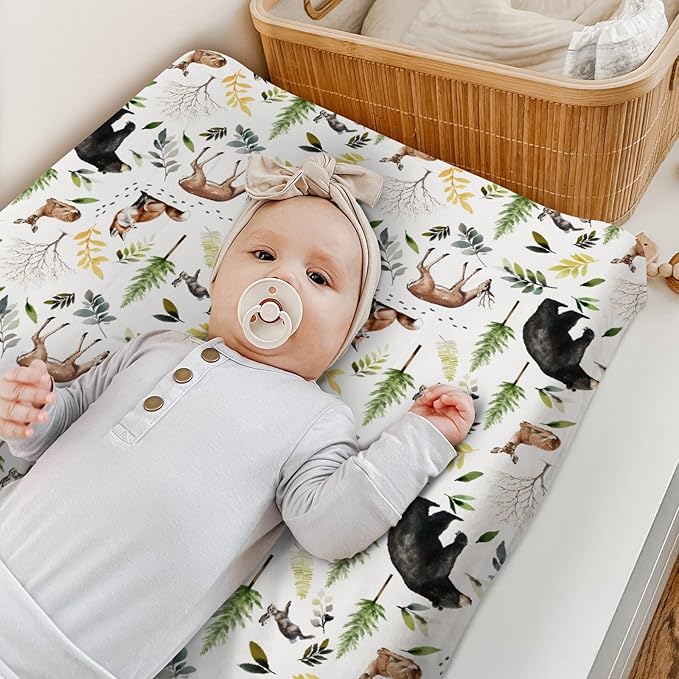 HawSkgFub Animals Pine Tree Changing Pad Cover for Baby Girl Boy, Natural Forest Bear Deer Fox Diaper Change Table Covers, Soft Stretchy Safe Snug Fitted Changing Mat Sheets Fit 32"/34" x 16"