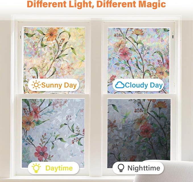 Finnez Stained Glass Window Film with Floral Pattern, Crescent Base and Rainbow Effect, Decorative Static Cling No Glue No Residue 17.5 x 157.4 Inches