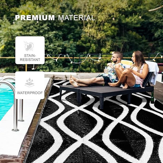 wikiwiki Outdoor Rug, 9x12ft Waterproof Reversible Mat Indoor Outdoor Rugs Carpet, Small Area Rug Plastic Straw Rug for Patio Deck Balcony Pool RV Camping Beach Picnic, Black & White, Rugscape Series