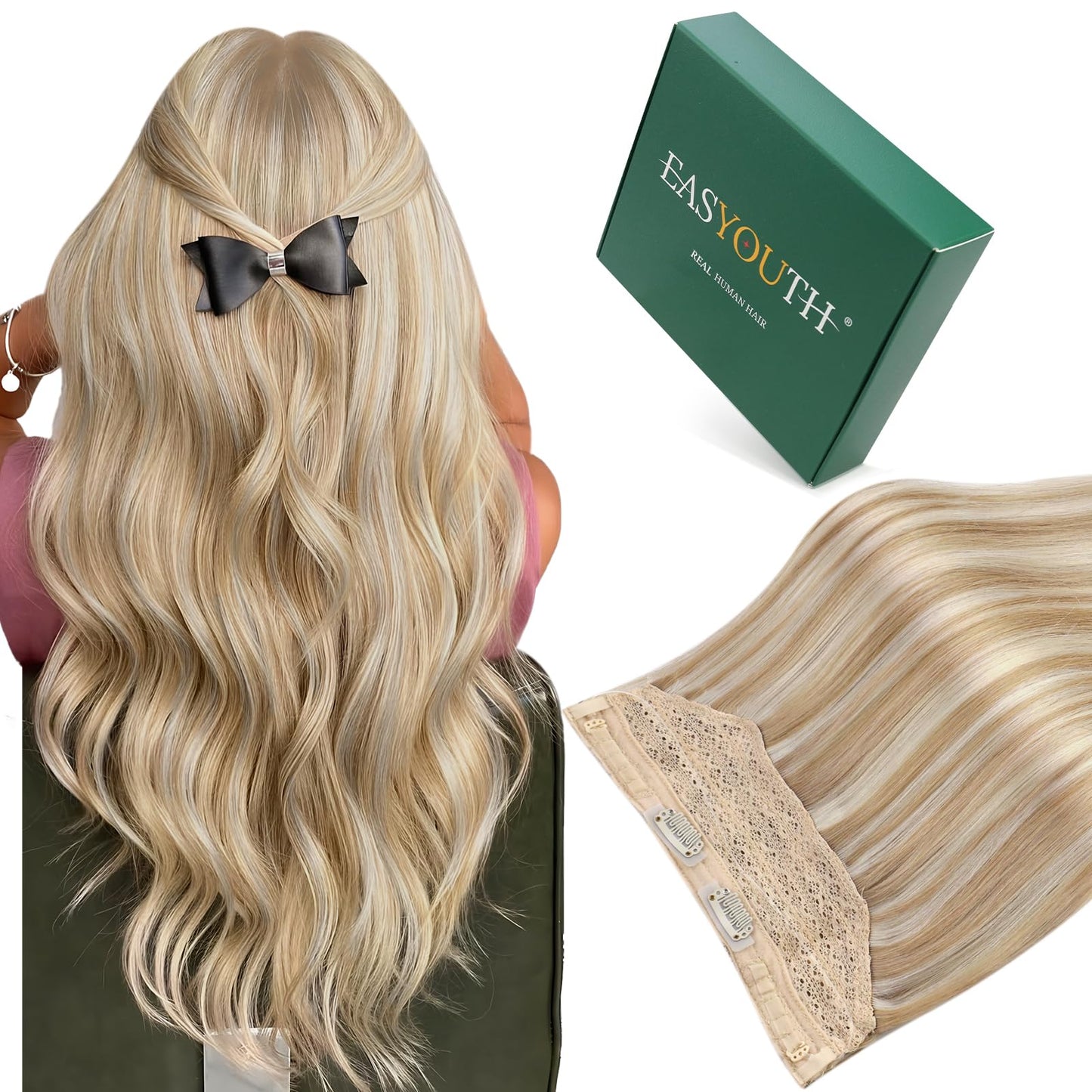 Easyouth Wire Hair Extensions Blonde Highlight Invisible Wire Hair Extensions Human Hair Honey Blonde Highlight Fish Line Hair E