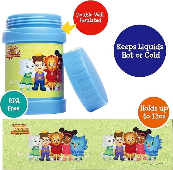 Daniel Tiger's Neighborhood Stainless Steel 13 oz Food Jar for Kids, Blue -Double Wall Insulated, Leak-Proof thermos Jar Keeps Liquids & Food Hot or Cold for Hours-Fits Inside All Lunch Boxes & Bags
