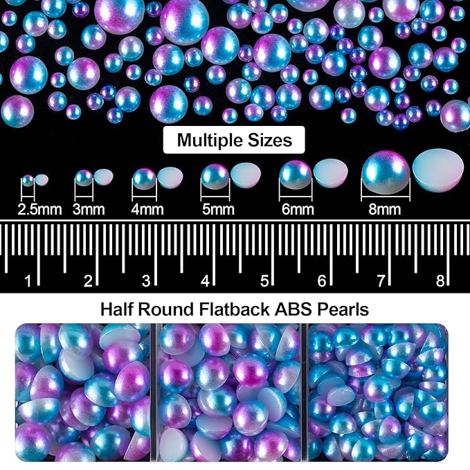 4000PCS Flatback Rhinestones and Half Round Pearls Kit #37, Multi Size Glass AB Crystals, Plastic Flat Back Blue Mermaid Dome Bead with Pickup Pencil and Tweezer for Nail Art
