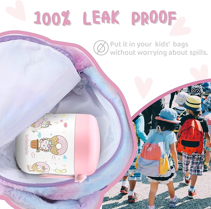 12oz Insulated Food Jar for Kids, Easy Carry, Wide Mouth, Thermos for Hot Food, Soup, Salad, Sandwich, School Lunches (Pink-Unicorn)