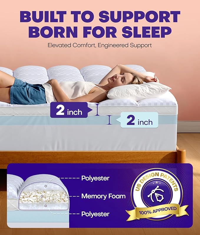Dual Layer 4 Inch Memory Foam Mattress Topper for Pressure Relief with 4X Support, 2" Pillow Top Twin XL Mattress Topper 50% Viscose Made from Bamboo Plus 2" Cooling Gel Memory Foam Mattress Pad