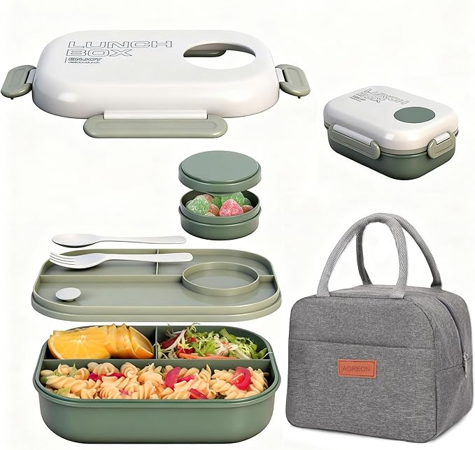 Lunch Box for Women & Adults - Kid-Friendly 37.2oz 3-Compartment Bento Box with Thick Insulated Lunch Bag, Leak-Proof with Sauce Container, Built-in Utensil Set, Dishwasher Safe (Green)