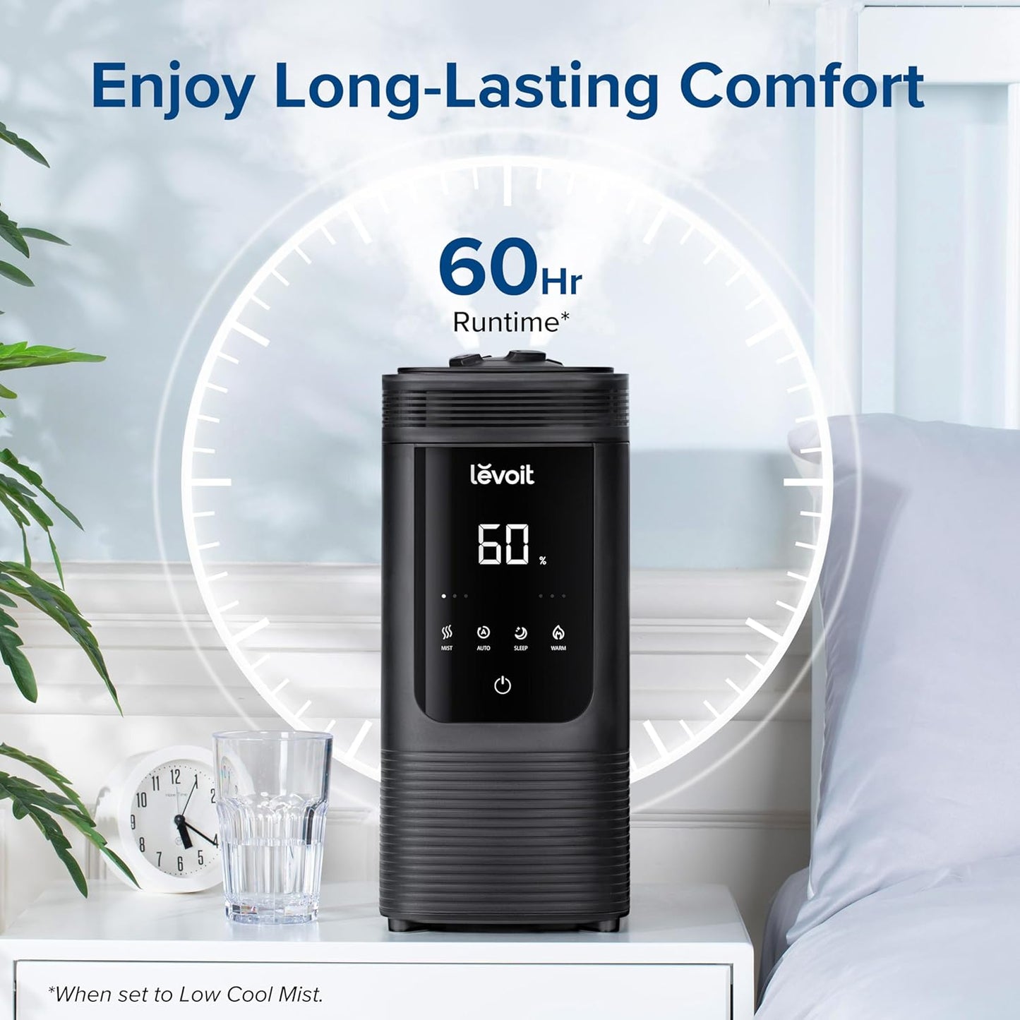 LEVOIT 6L Smart Warm and Cool Mist Humidifiers for Home Bedroom, 60H Runtime and Auto Customized Humidity for Large room, Schedule, Easy Top Fill, Essential Oil Diffuser, Whisper-Quiet, Handle, Black