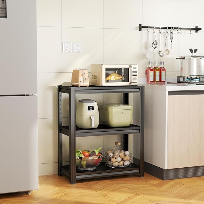 Kitchen Storage Shelves, 3 Tier Adjustable Shelf Organizer, 31.5”High Kitchen Shelving, Reinforced Design Pantry Shelf, Kitchen Appliance Storage, for Pantry and Garage, Black