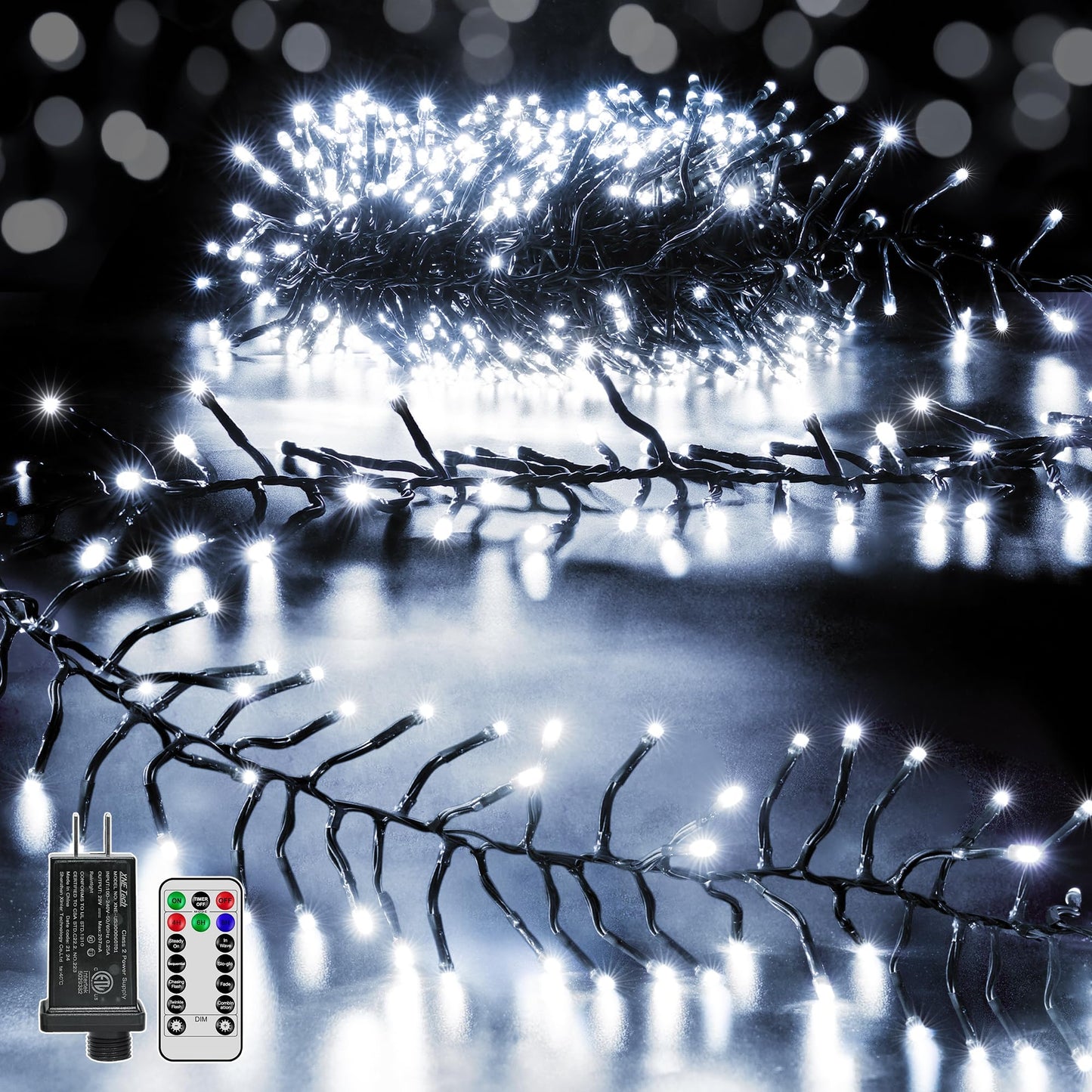 Ccinny 500 LED 25 FT Cluster Lights, White Christmas Tree Lights 8 Modes Timer Remote, Waterproof String Lights for Indoor Outsi