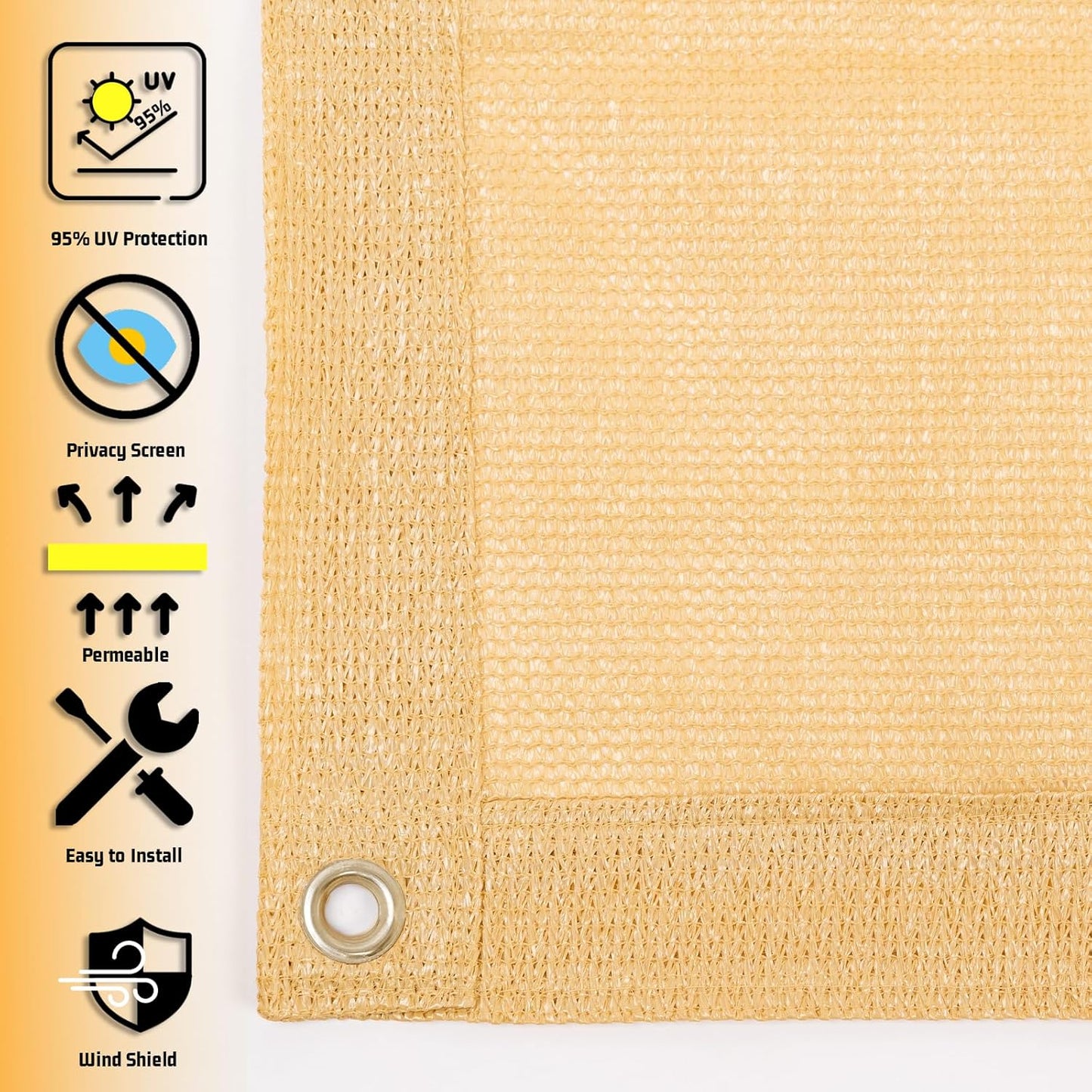 SUNNY GUARD Shade Cloth 4/6/8/10/12 FT Sun Shade Screen Fabric Shade Cover Tarp with Grommets for Pergola Backyard Garden, Sand