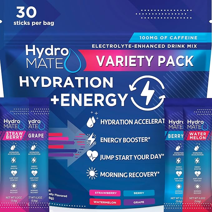 HydroMATE Electrolytes Powder Drink Mix Packets Hydration Accelerator Low Sugar Party Favors for Rapid Recovery Vitamin C ...