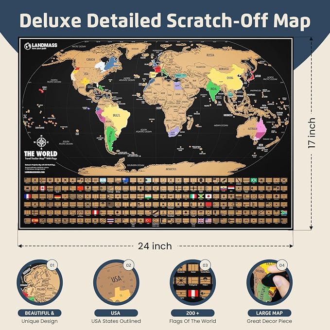 Landmass Scratch Off World Map, Deluxe Travel Tracker with Flags, Detailed Cartography, Gift Idea for Travelers, Wall Art, Home or Office Decor, 17x24 Inches
