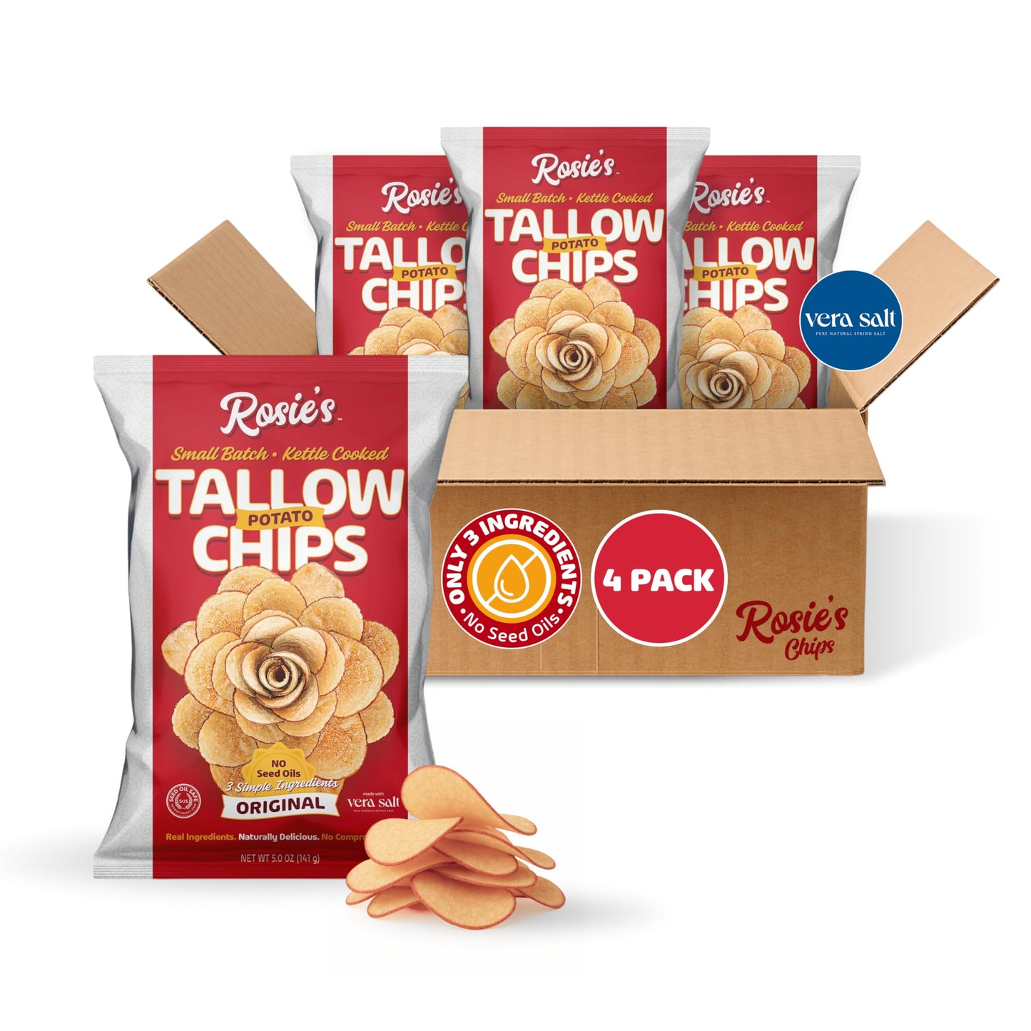 Rosies Chips - Kettle Cooked Chips in Grass-Fed Beef Tallow with Sea Salt - (4 Pack) 5oz Bag