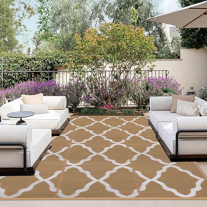 OutdoorLines Outdoor Plastic Area Rugs for Patio 6x9 ft - Reversible Outside Carpet, Stain & UV Resistant RV Mats, Straw Rug for Camping, Deck Garden, Porch and Balcony, Moroccan/Brown & Light Grey
