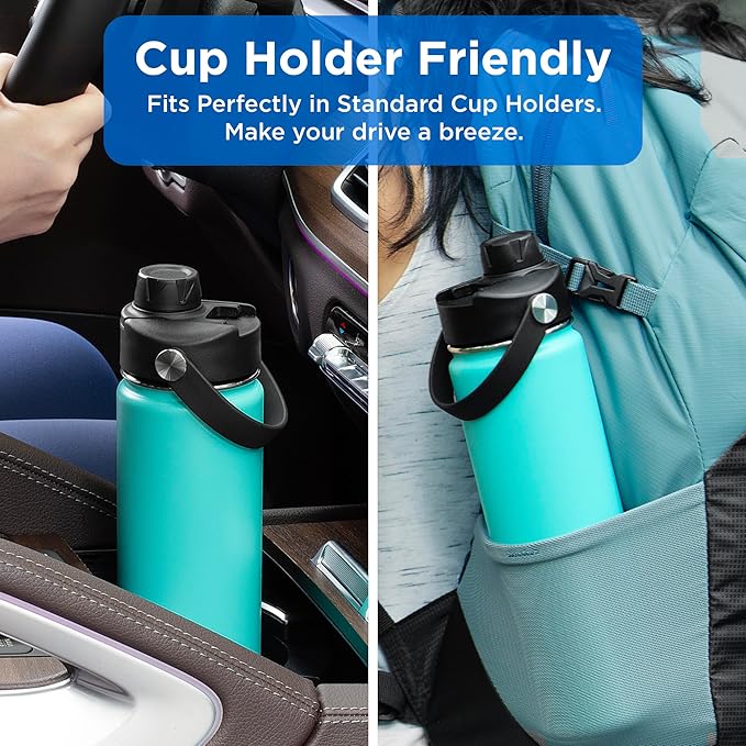 ThermoProof Hot & Cold Insulated Stainless Steel Water Bottle, Durable Leak Proof Gym Bottles for Men, Women & Kids, Double Walled Vacuum Bottles - 2 Lids (Blue, 22oz)