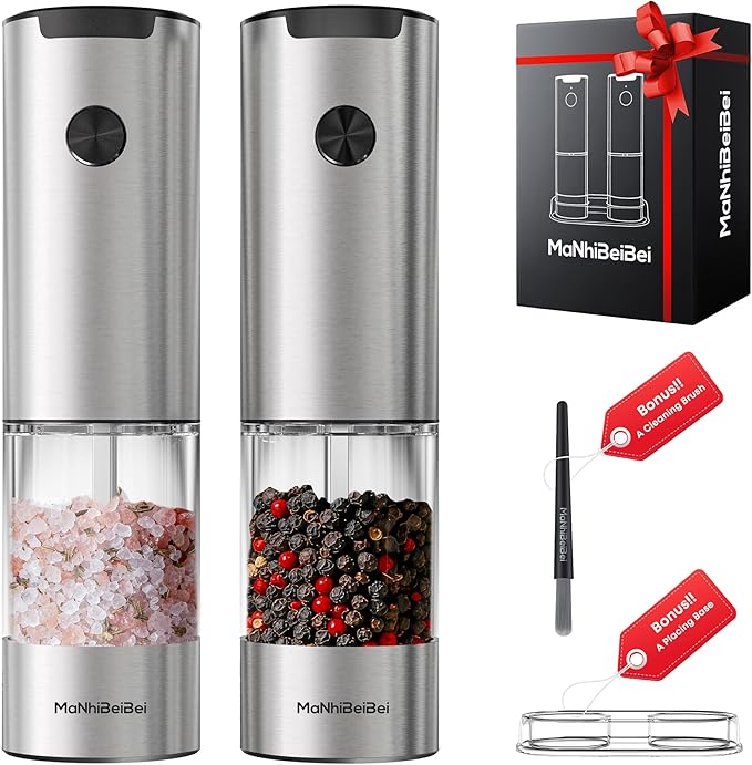 Electric Salt and Pepper Grinder Set One-hand Operated, Adjustable Coarseness, Stainless Steel body Ceramic Burrs,Pepper Shakers Mills with LED Light,House Warming Cooking Gift (2)
