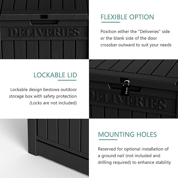 55 Gallon Outdoor Storage Box, Waterproof Resin Deck Box for Patio, Pool, and Garden, Lockable Bin for Cushions, Tools, and Accessories, UV-Resistant, Black