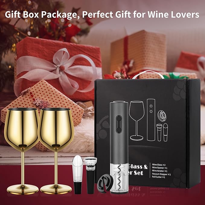 Wine Opener Electric Rechargeable, Automatic Corkscrew Set, Including Gold Wine Glass of 2, Stainless Steel Goblet, Ideal Gift for Wine Lover, Wedding, Birthday, Girl, Men