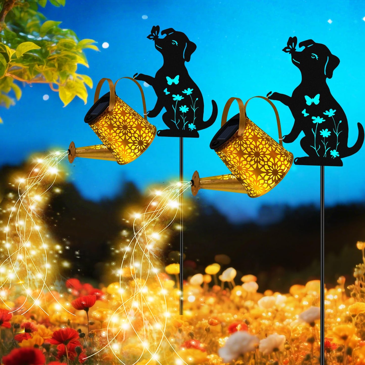 Solar Lights Outdoor, Dog Solar Watering Can Lights, Birthday Gifts for Women Mom Mothers Day Christmas, Waterproof Metal Hangi