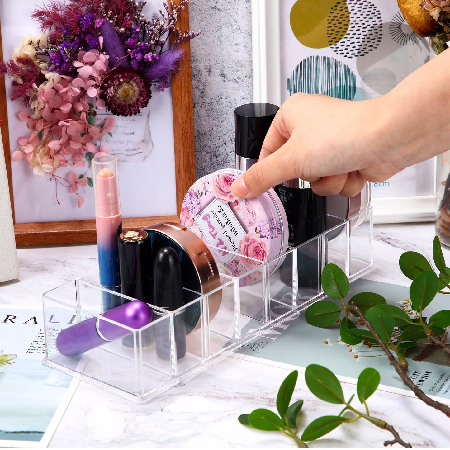Tuanse 1 Pcs Acrylic Makeup Compact Organizer Detachable 8 Spaces Clear Vanity Drawer Organizer Eyeshadow Palette Storage for Li