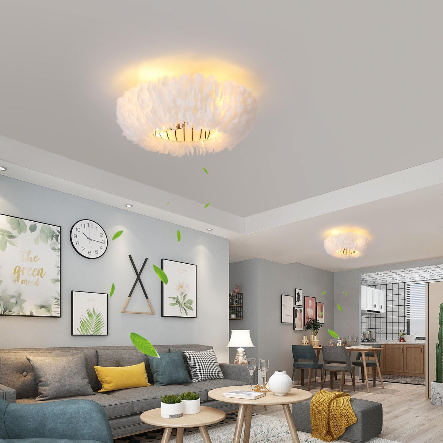 Xudom 20 Modern Ceiling Fans With Lights And Remote Control,White Feather Chandeliers Stylish Low Profile Ceiling Fan For Bedroo