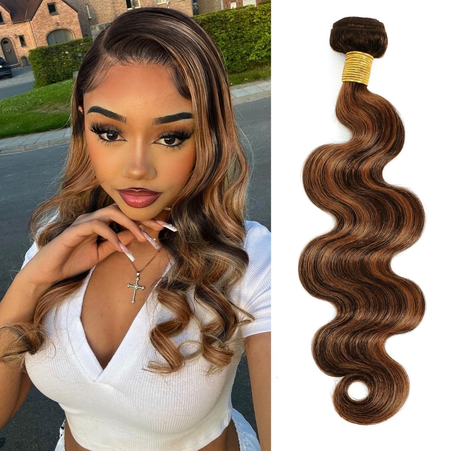 MOMOSHERO 1b/30 Highlight Single Bundle Human Hair 18 Inch, Ombre Body Wave Fb30 Colored 12A Black and Dark 1 Bundle, Brown Two