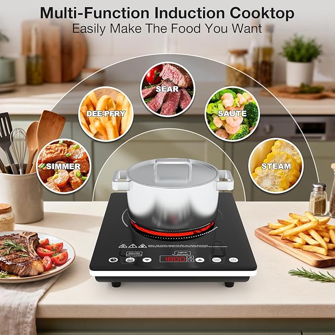 Portable Electric Cooktop, 1800W Single Burner Electric Stove with Touch Control, Child Safety Lock, Timer, 9 Power Level, Overheat Protection, Compact Induction Cooktop for Home Dorm Office