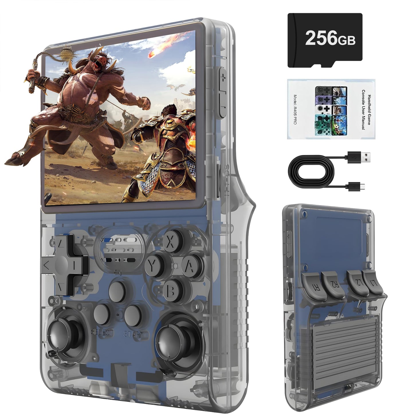 R40S PRO Retro Gaming Console, 30000+ HD Games Handheld Game Console, 3800mAh Rechargeable Mini Retro Video Console with 256GB TF Card, Portable Pocket Arcade (Transparent Grey)