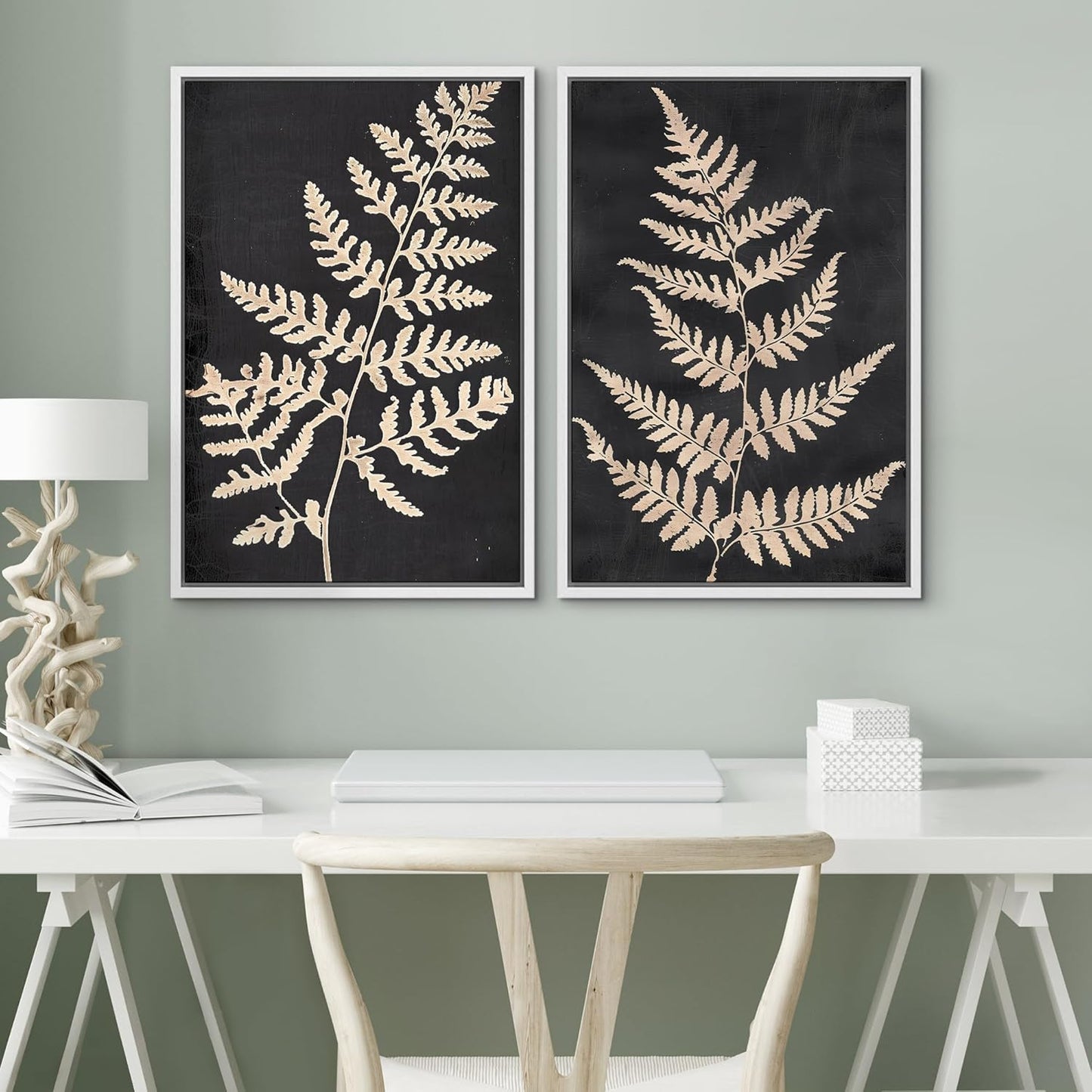 SIGNWIN Framed Canvas Print Wall Art Vintage Fern Leaf Silhouettes Natural Botanical Rustic Illustrations Modern Art Decorative Contemporary for Living Room, Bedroom, Office - 16"x24"x2 White